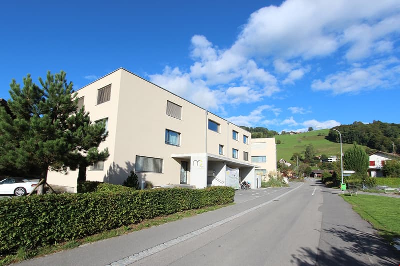 3 story building, parking area in front, white exterior, window grills, located in a green area