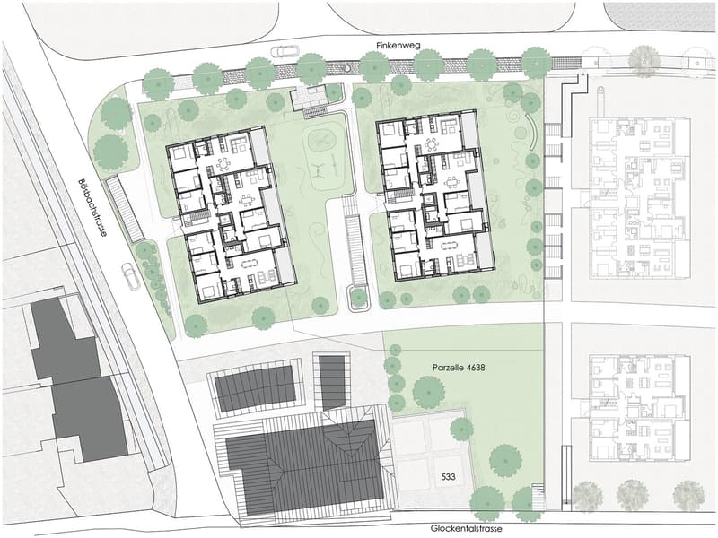 Autoabstellplatz am Finkenweg entlang neuer Wohnüberbauung