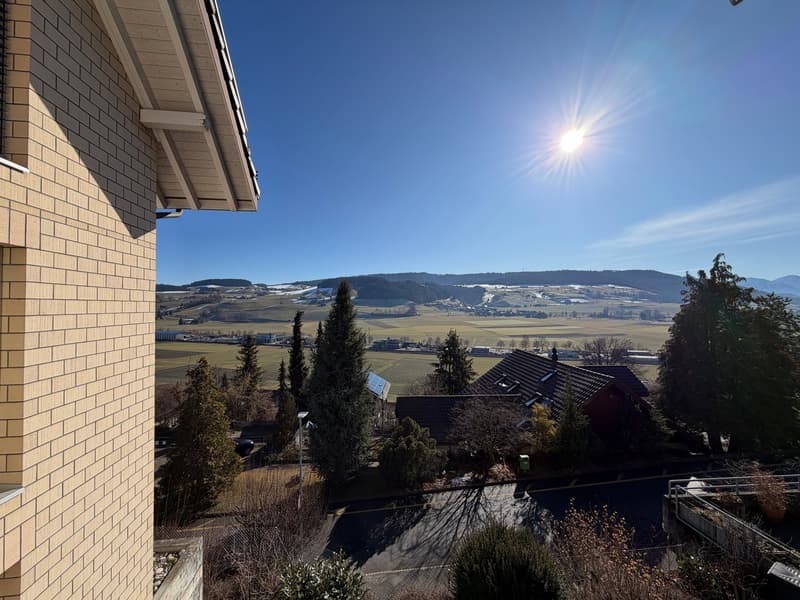 House on top of a hill, wide open field in front, mountains on horizon