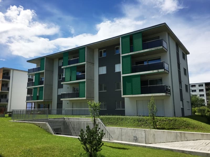 modern apartment building, green and gray exterior, multiple balconies, concrete fence, green lawn
