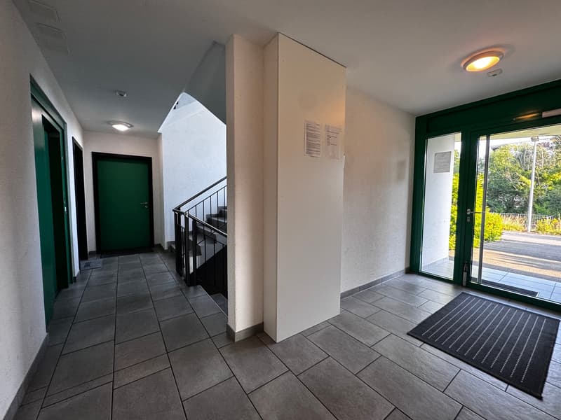 tiled floor, green doors, black railings, stairs, entrance doors, light fixtures