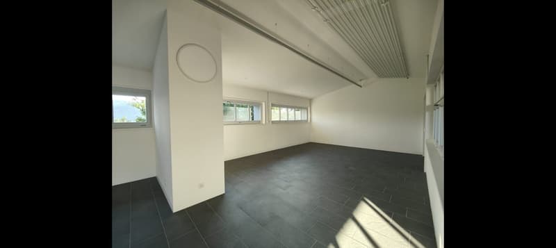 An empty room with windows, black tiled floor, and a white wall with a round feature on it.