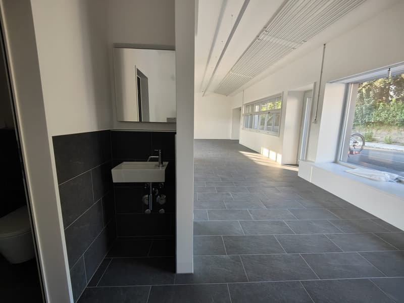 tiled floor, white sink, black tiles, mirror, white walls, toilet, bike visible outside window