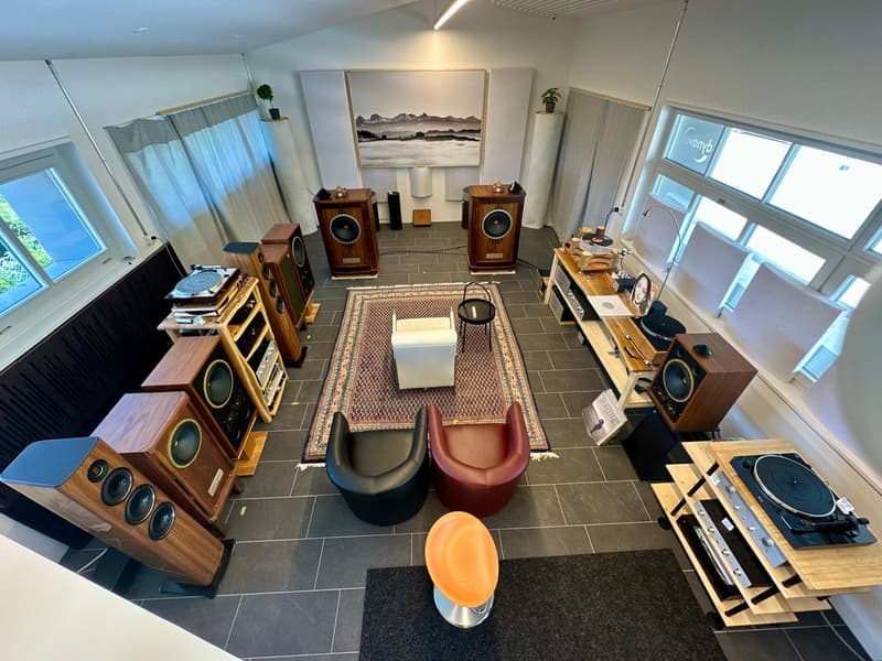 High ceiling, white walls, large windows, multiple audio systems, speakers, tables, chairs, carpets, artworks, potted plants