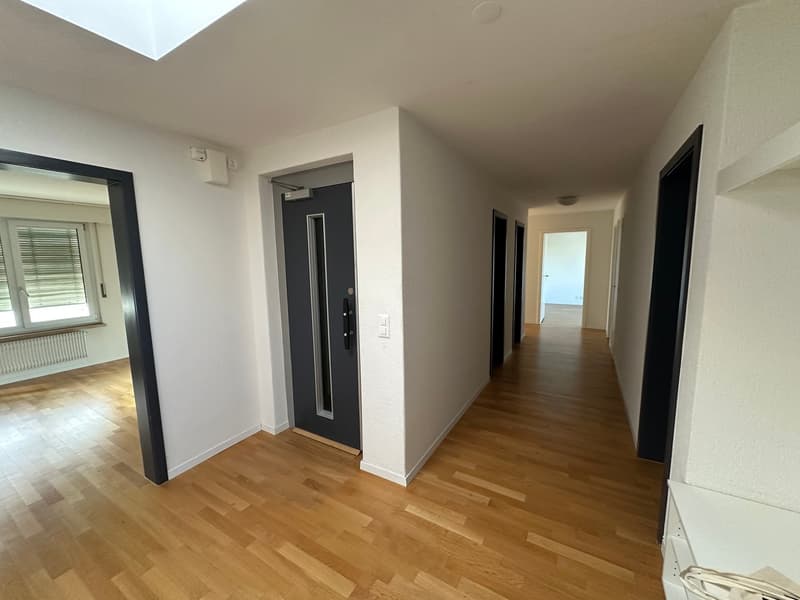Empty hallway, white walls, wooden floor, doors, open doorway, window with blinds