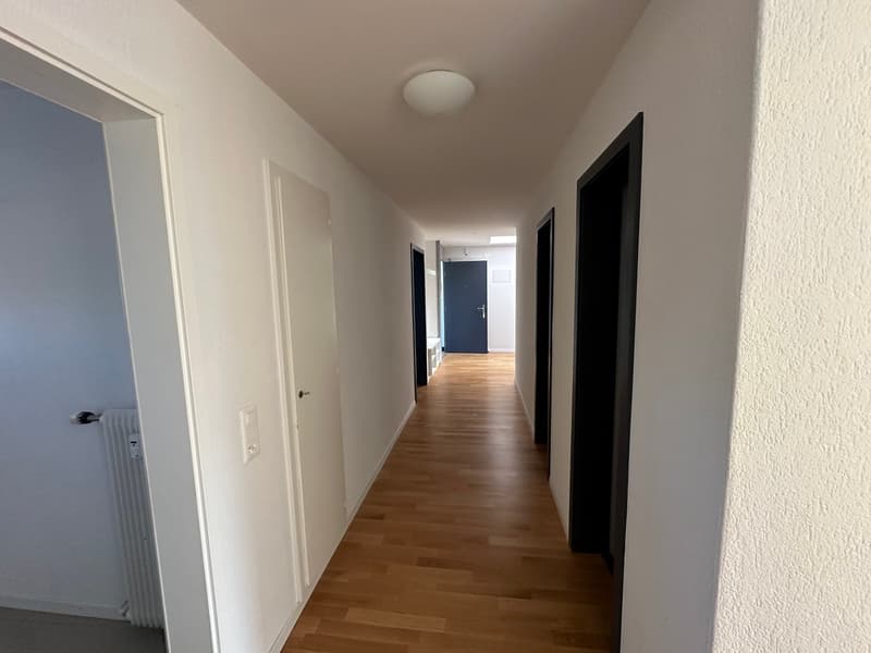 Empty hallway with wooden floors and white walls, ceiling light and three doors