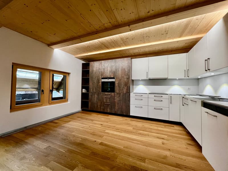 modern kitchen with wooden floor, white cabinets, wooden ceiling, windows, built-in oven and dishwasher