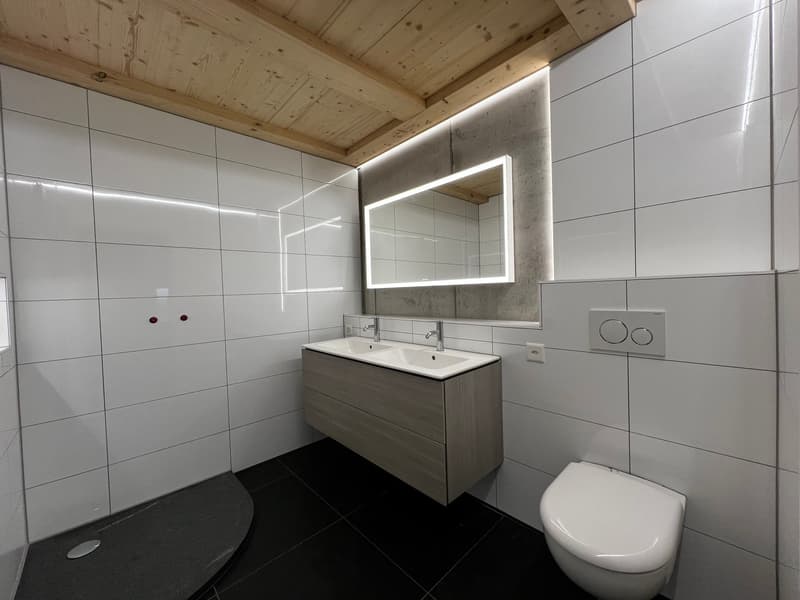 modern bathroom with white tiles, wooden ceiling, double sink, mirror, toilet, shower area