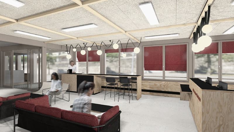 modern interior with wooden furniture, red cushions, white walls, large windows, hanging lamps