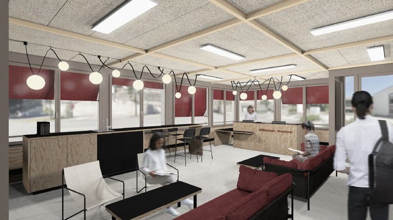modern office space with wooden cabinets, black chairs, red couches, white chairs, black tables, lamps, and a person reading a book