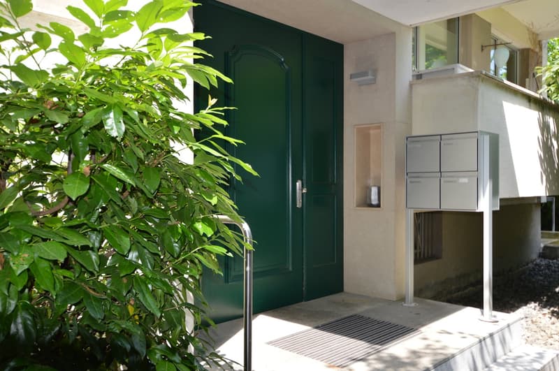 Green main entrance door, white walls, mailbox on the right side, a small green plant on the left, and a plant to the right of the door.