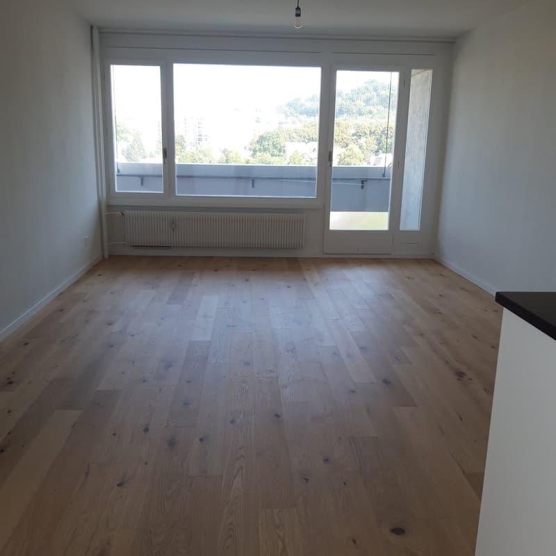 Hardwood floor, white walls, large windows, balcony, double doors, large window sill, heater, electrical outlet