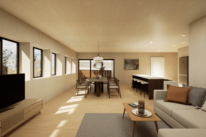 Open-concept living and dining area with large windows, hardwood floors, a dining table with chairs, a sofa, and a TV stand. The space has a warm, neutral color palette and modern furnishings.