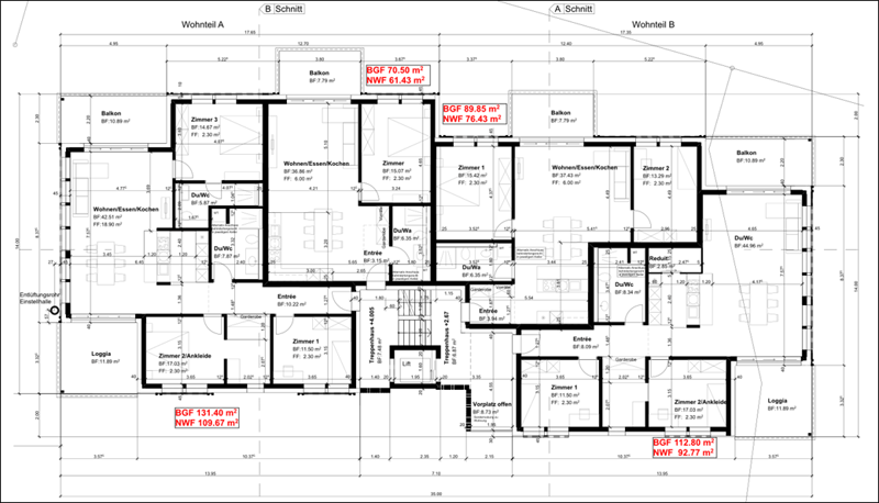 The image shows a floor plan of a multi-unit residential building. It consists of two apartment units, Wohnteil A and Wohnteil B, each with multiple rooms including living rooms, bedrooms, bathrooms, and kitchens. The floor plan also indicates the presenc