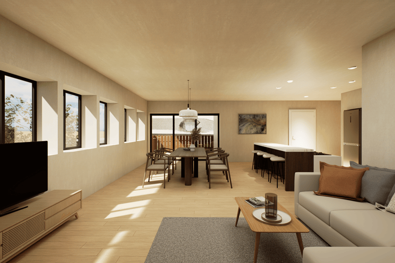 Open-concept living and dining area with large windows, hardwood floors, a dining table with chairs, a sofa, and a TV stand. The space has a warm, neutral color palette and modern furnishings.