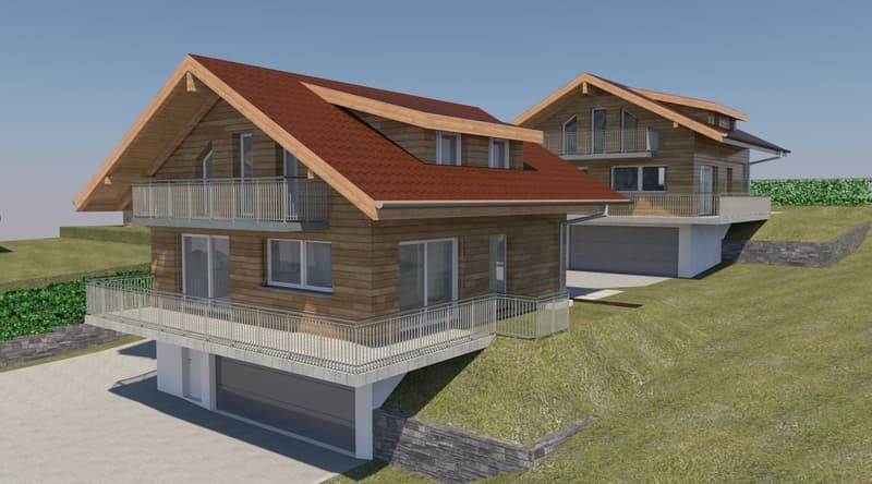 Two-story wooden house with a red tile roof, large balconies, and a garage. The house has a rustic, chalet-style design with wooden siding and stone accents. The property is situated on a grassy lot with a view of the surrounding landscape.