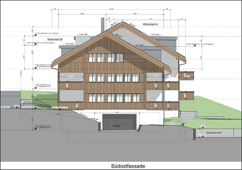 The image shows the floor plan of a multi-story building. It consists of two residential units labeled 'Wohheit A' and 'Wohheit B'. The building has a balcony or terrace visible.