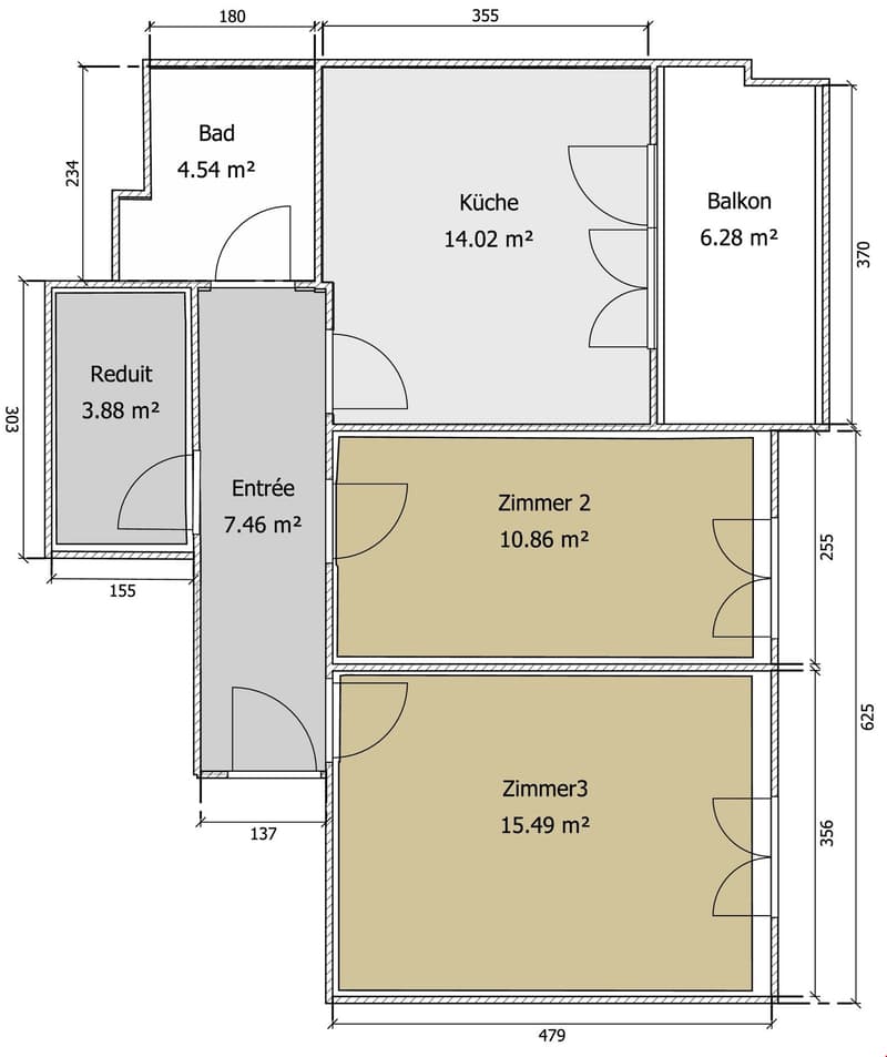 kitchen, 2 bedrooms, 2 bathrooms, hallway, reduction, balcony, entrance