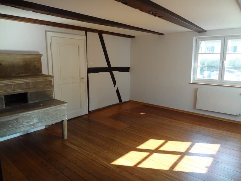 Fireplace, wooden floor, white walls, white door, radiator, window