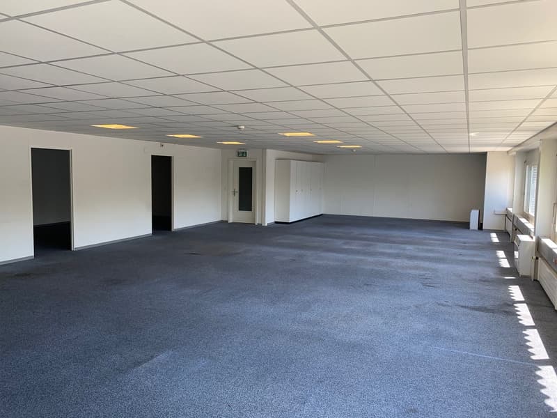Large open office space with gray carpeted flooring, white walls, and a suspended ceiling with recessed lighting. The space has multiple doors leading to other rooms or areas.