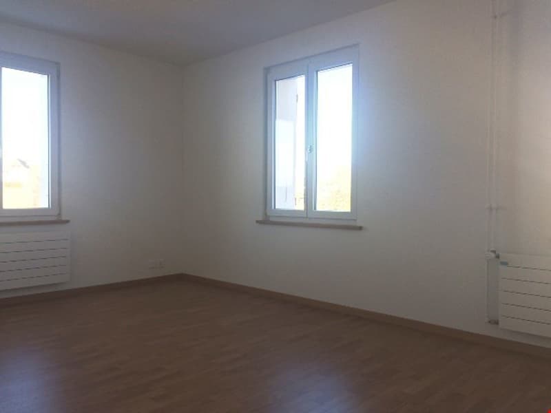 empty room with wooden floor, white walls, two windows