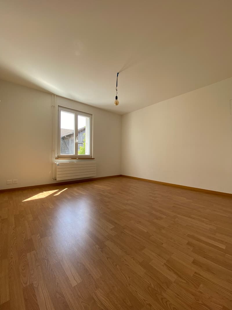 empty room, white walls, wooden floor, radiator, window, white ceiling