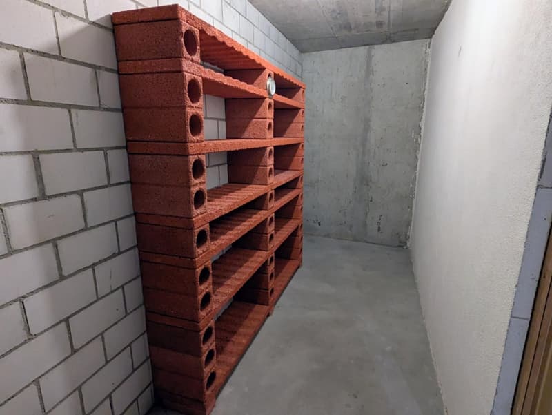 A room with a red brick shelf against a white brick wall and a concrete floor.