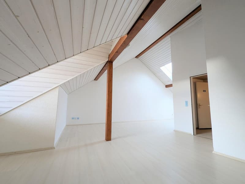 empty room, white walls, wooden floor, wooden beams, skylight