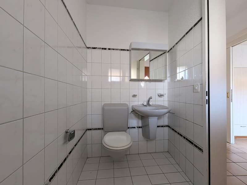 A small bathroom with white tiles, a toilet, a sink, and a mirror.