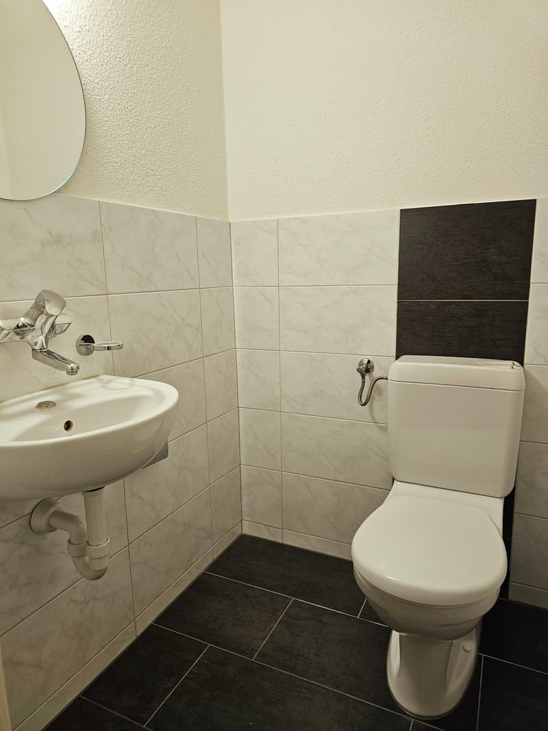 small bathroom with white sink, white toilet, white and black tiles, mirror