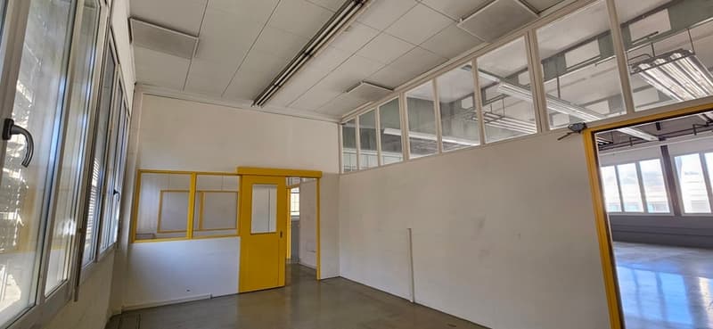 Empty room with white walls, yellow door, large windows, concrete floor, fluorescent ceiling lights