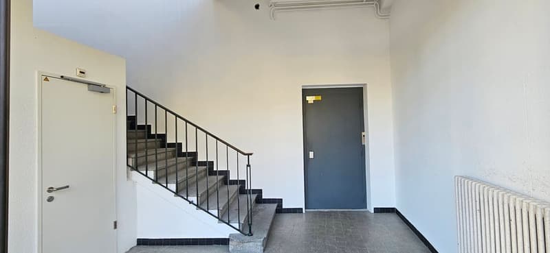 Empty hallway with stairs, white walls, white door, grey door, radiator
