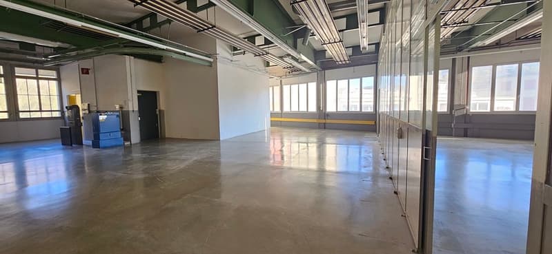 Empty room with concrete floor, glass walls, windows, and metal beams