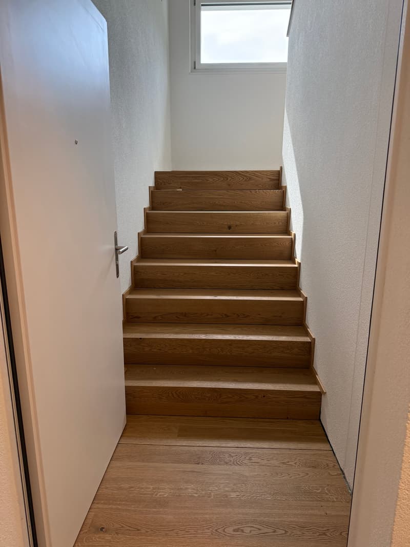 Wooden staircase with multiple steps leading up to a window at the top