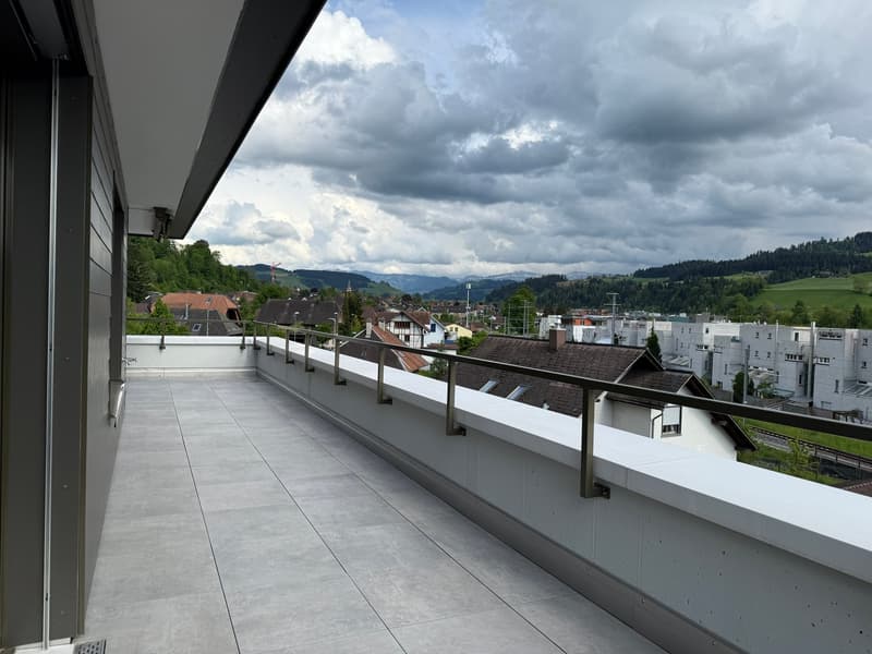 Large balcony with glass railing, overlooking a town with residential buildings, trees, and cloudy sky