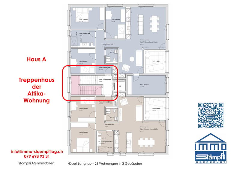 The image shows the floor plan of a residential property called 'Haus A'. It consists of multiple rooms, including a living room, kitchen, bedrooms, and bathrooms. The plan also indicates the presence of a 'Treppenhaus der Attika-Wohnung', which appears t