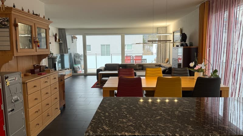 Balcony, Terrace, View of the building outside, large windows, sofa, TV, dining table, chairs, wooden cupboard, cabinets, drawers, marble countertop