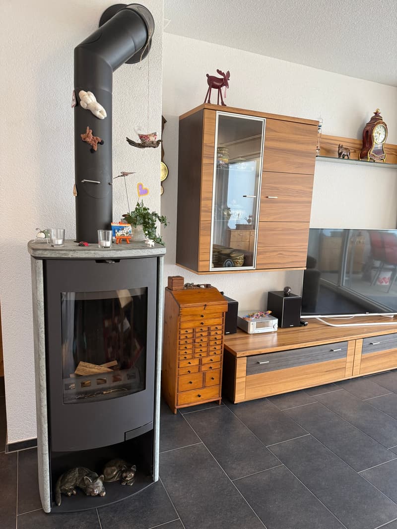 large fireplace, dark furniture, dark floor, decorative elements, television