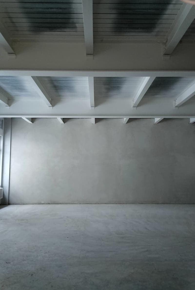 Large, open room, white walls, exposed ceiling beams, concrete floor, windows at the end of the wall.