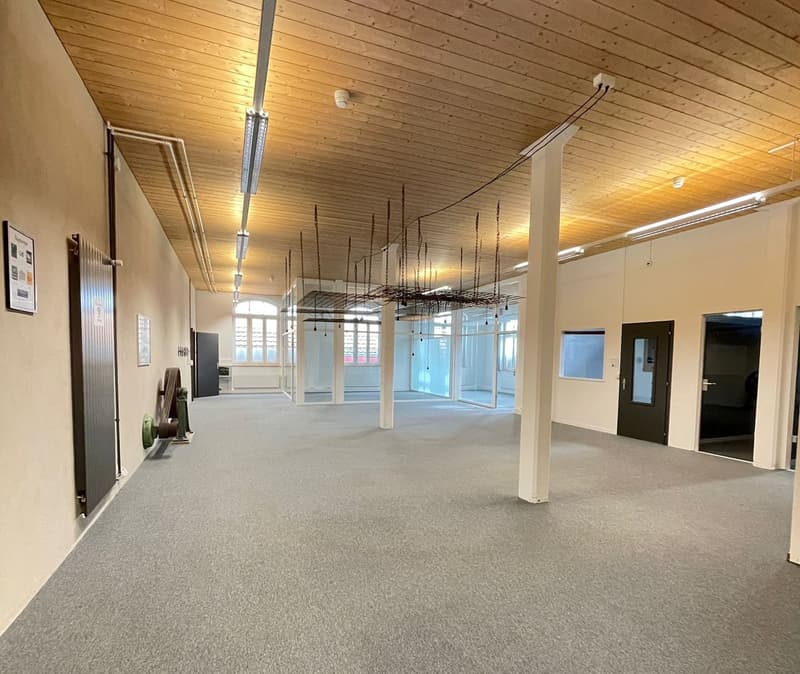 The image shows a large open office space with a high wooden ceiling, exposed beams, and a modern lighting fixture hanging from the ceiling. The space has a grey carpeted floor, white walls, and several glass windows along the sides. There are also some d