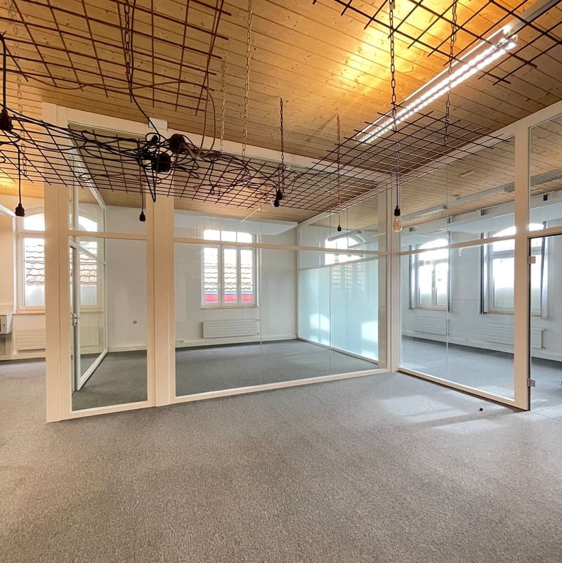 open layout, glass walls, wooden ceiling, radiators, grey carpet