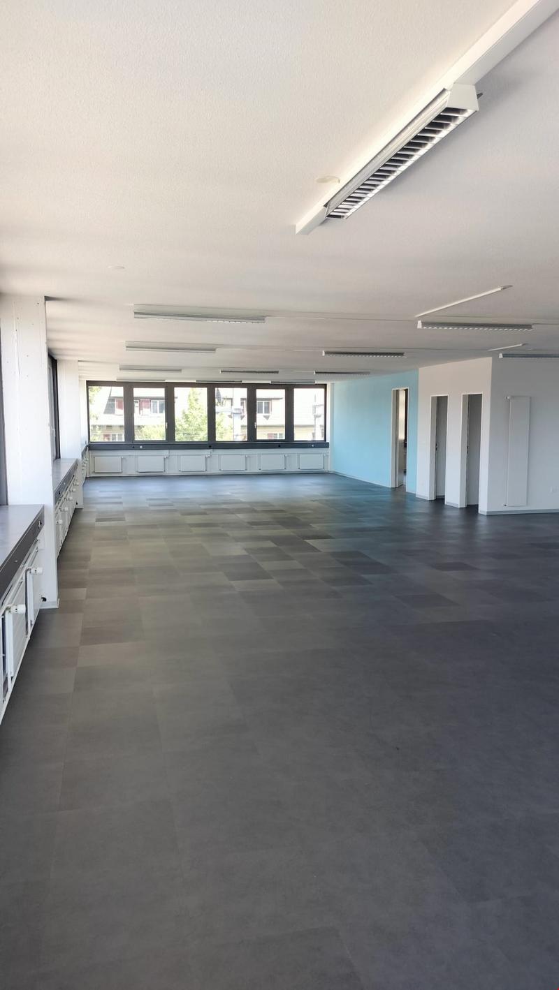 Large open office space with gray tile flooring, white walls, and large windows. The room has a modern, minimalist design with recessed lighting fixtures in the ceiling.