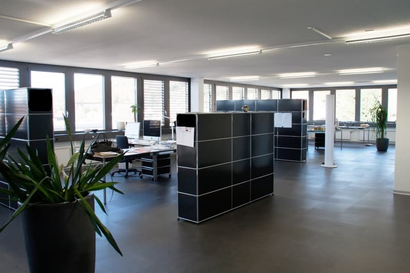 Large open office space with cubicles, computers, and office equipment. The space has large windows providing natural light, and there are plants and other decor elements present.