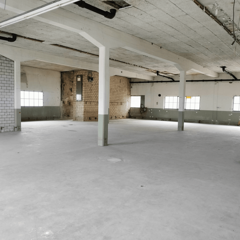 Warehouse space, concrete floor, white columns, windows, pipes, unfinished interior