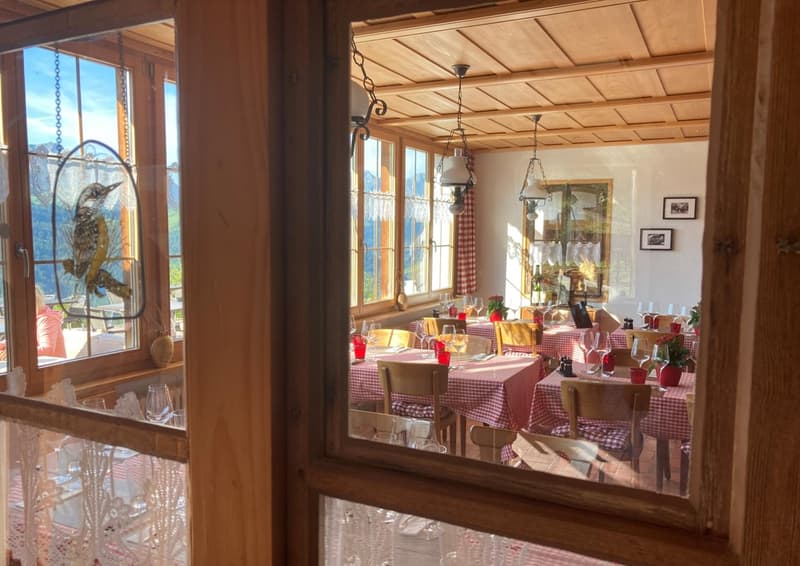 dining area with tables, chairs, gingham tablecloths, windows, picture frames, plants, lamps, view of mountains
