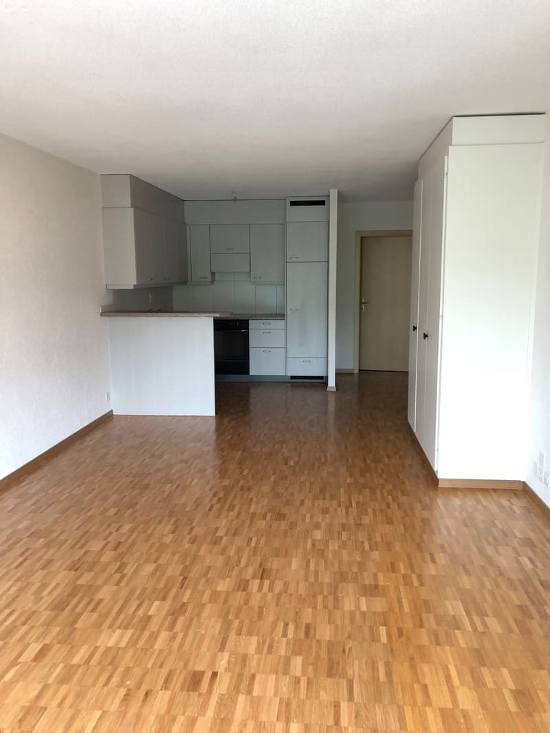 empty room, wooden floor, white walls, kitchen with appliances, cabinets, and countertop