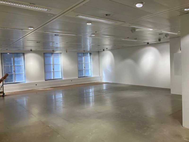 Empty room with concrete floor, white walls, windows, ceiling lights