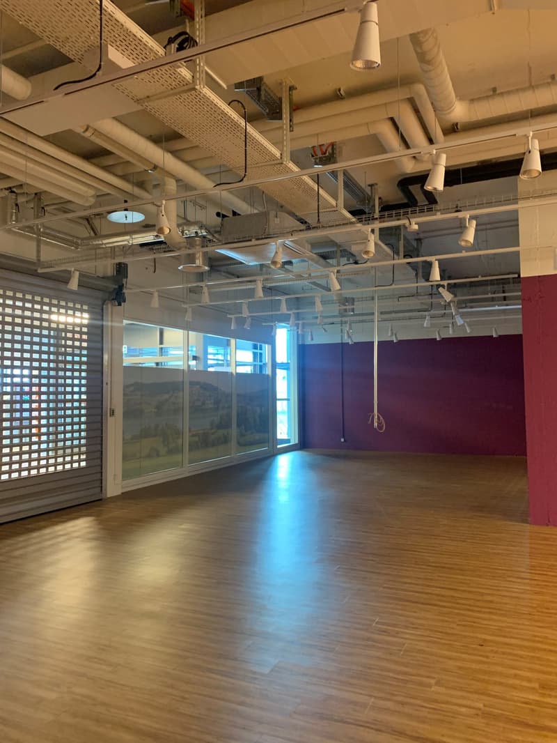 Large open space with high ceilings, exposed ductwork, and windows providing a scenic view. The space has a hardwood floor and a mix of lighting fixtures. The walls are painted in a deep blue color, creating a modern and professional atmosphere.