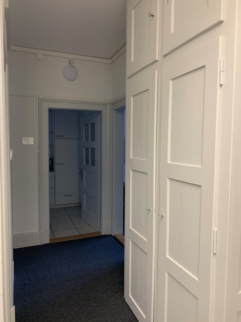 white doors, modern lighting fixture, tiled hallway