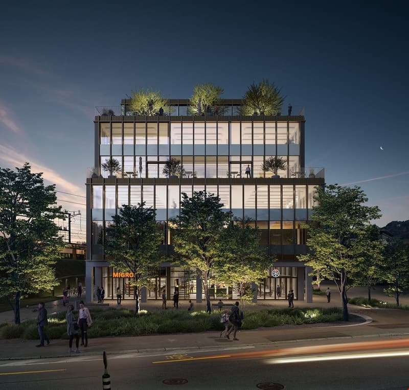 modern office building, glass facade, multiple floors, terraces, greenery, people walking